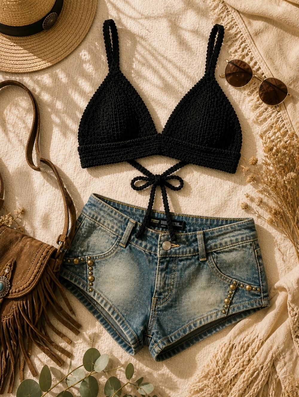 BUNDLE- Boho Western Vibes Set 🤎 Crochet Bikini Top + Studded Cutoff Shorts